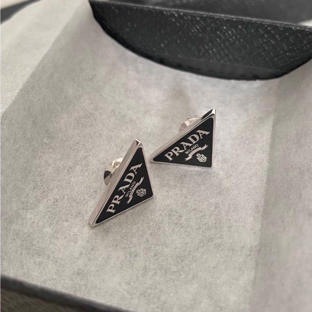 PRADA Black Triangle Logo Stud Earrings - Picture 2 of 5